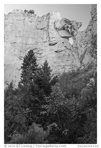 Sandstone wall with hole, Neat Coulee. Upper Missouri River Breaks National Monument, Montana, USA (black and white)