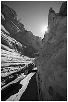 Neat Coulee slot canyon with sun star. Upper Missouri River Breaks National Monument, Montana, USA ( black and white)