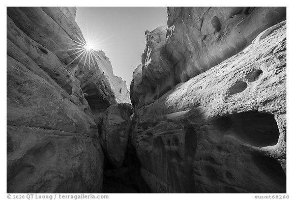 Sandstone walls of Neat Coulee slot canyon and sun. Upper Missouri River Breaks National Monument, Montana, USA (black and white)