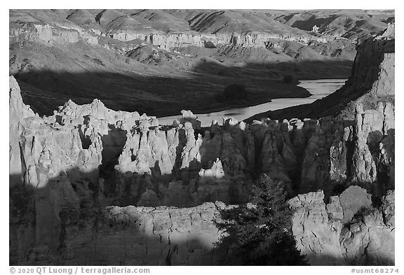 Sandstone pinnacles and river. Upper Missouri River Breaks National Monument, Montana, USA (black and white)
