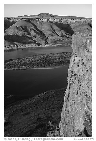 Free-standing slab of rock high above river. Upper Missouri River Breaks National Monument, Montana, USA (black and white)
