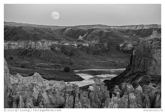 Moonrise over pinnacles and river. Upper Missouri River Breaks National Monument, Montana, USA (black and white)