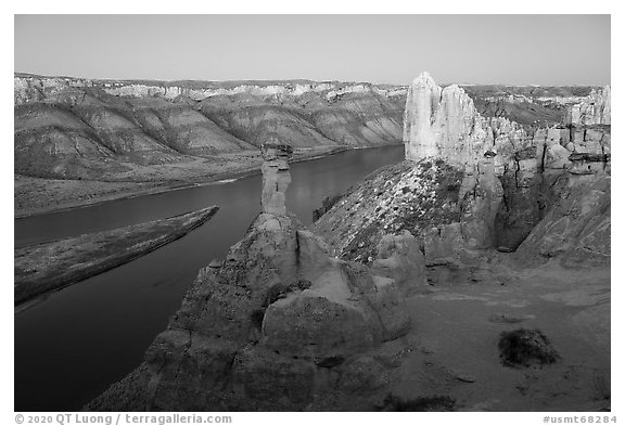 Rock pinnacles and river at dusk. Upper Missouri River Breaks National Monument, Montana, USA (black and white)