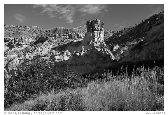 Sandstone pinnacle, Valley of the Walls. Upper Missouri River Breaks National Monument, Montana, USA (black and white)