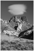 Archangel, Dark Butte, and cloud. Upper Missouri River Breaks National Monument, Montana, USA ( black and white)