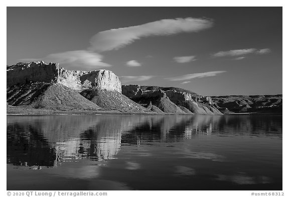 Tall cliffs reflected in river. Upper Missouri River Breaks National Monument, Montana, USA (black and white)