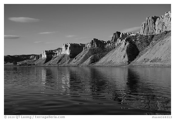 Cliffs bordering river. Upper Missouri River Breaks National Monument, Montana, USA (black and white)