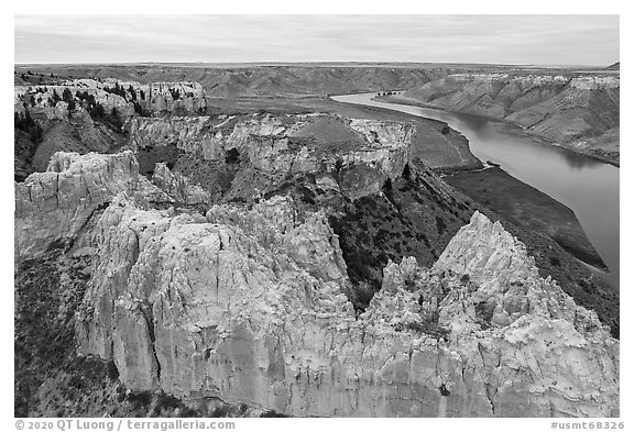 Aerial view of sandstone spires, Hole-in-the-Wall. Upper Missouri River Breaks National Monument, Montana, USA (black and white)
