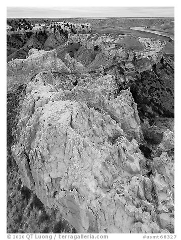 Aerial view of sandstone walls, Hole-in-the-Wall. Upper Missouri River Breaks National Monument, Montana, USA (black and white)