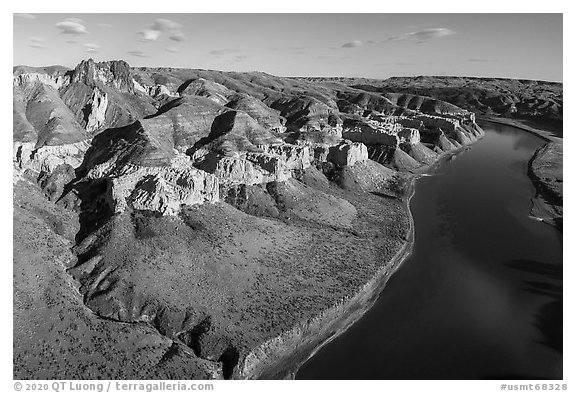 Aerial view of Dark Butte, cliffs, and river. Upper Missouri River Breaks National Monument, Montana, USA (black and white)