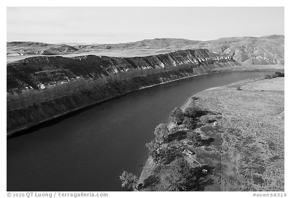 Aerial view of Slaughter River Camp and  cliffs. Upper Missouri River Breaks National Monument, Montana, USA (black and white)