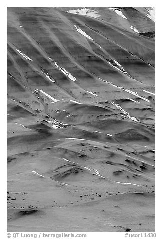 Colorful strata and snow on claystone hills. John Day Fossils Bed National Monument, Oregon, USA (black and white)