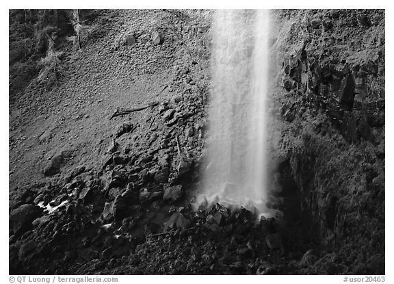 Mossy basin and waterfall base, Watson Falls. Oregon, USA (black and white)