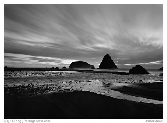 Seastacks and clouds at sunset. Oregon, USA (black and white)