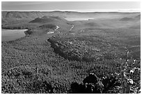 Lakes and lava flow, early morning. Newberry Volcanic National Monument, Oregon, USA (black and white)
