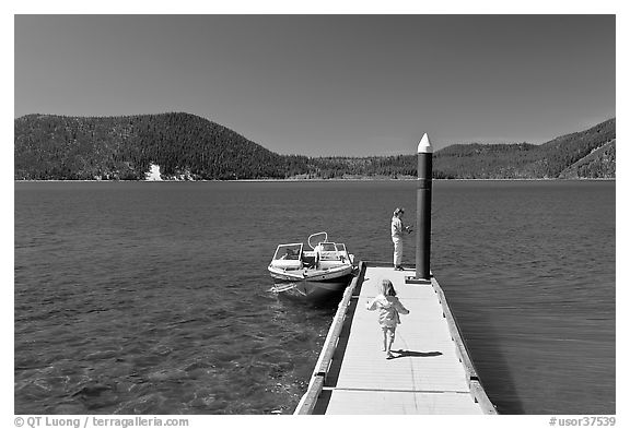 Deck with boat, East Lake. Newberry Volcanic National Monument, Oregon, USA