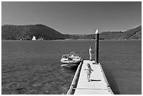 Deck with boat, East Lake. Newberry Volcanic National Monument, Oregon, USA (black and white)