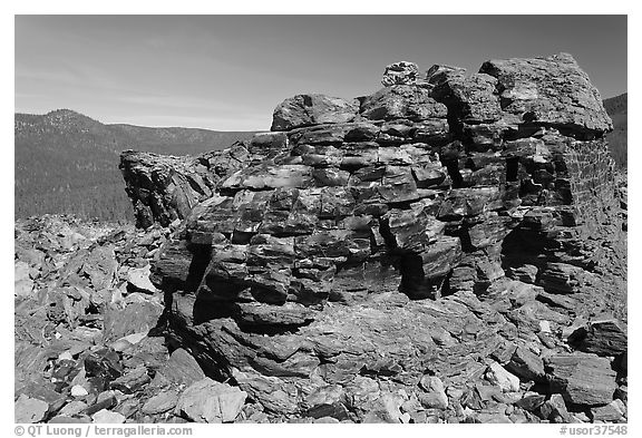 Obsidian glass formation. Newberry Volcanic National Monument, Oregon, USA (black and white)