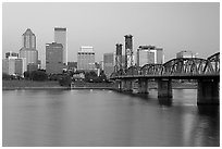 Skyline and Hawthorne Bridge, dawn. Portland, Oregon, USA (black and white)