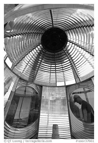 Light and glass prism, Cap Meares lighthouse. Oregon, USA (black and white)