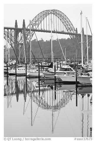 Yacht harbor and Newport Bay Bridge. Newport, Oregon, USA (black and white)