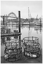Crab traps and harbor. Newport, Oregon, USA (black and white)