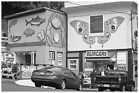 Seafood and burger restaurants. Newport, Oregon, USA ( black and white)