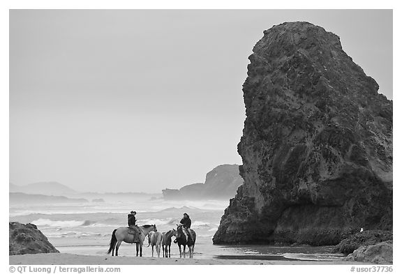 Women ridding horses next to sea stack. Bandon, Oregon, USA (black and white)