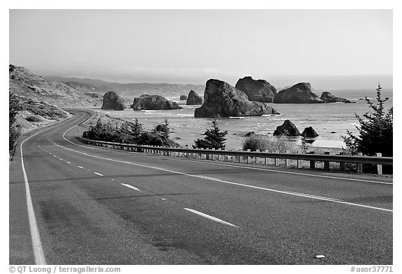 Highway and ocean, Pistol River State Park. Oregon, USA (black and white)