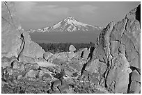 Mt Bachelor seen through Asterisk pass. Smith Rock State Park, Oregon, USA (black and white)