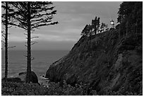 Heceta Head and light beam, twilight. Oregon, USA (black and white)