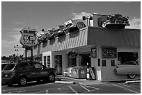 Dinner decorated with vintage cars, Florence. Oregon, USA (black and white)