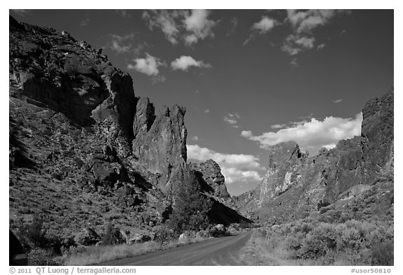 Scenic road below spires, Leslie Gulch. Oregon, USA (black and white)