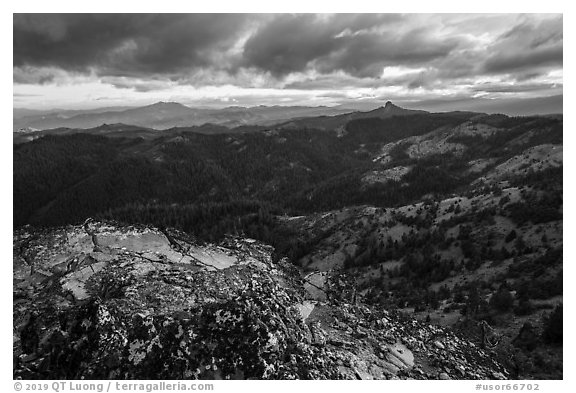 Outcrop and distant Pilot Rock, Boccard Point. Cascade Siskiyou National Monument, Oregon, USA (black and white)