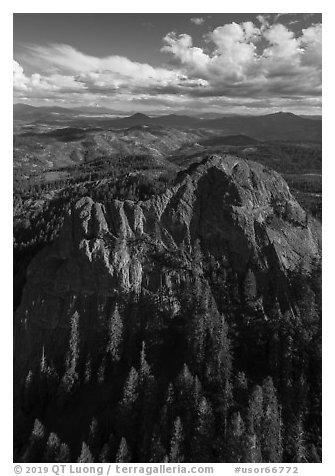 Aerial view of Pilot Rock, Siskiyou Moutains. Cascade Siskiyou National Monument, Oregon, USA (black and white)
