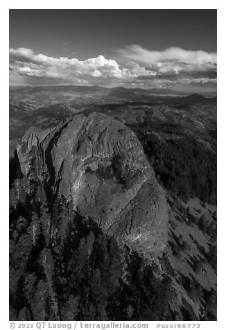 Aerial view of Pilot Rock and Mt Shasta. Cascade Siskiyou National Monument, Oregon, USA (black and white)