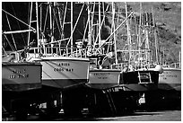 Boats on the deck in Port Orford. Oregon, USA ( black and white)