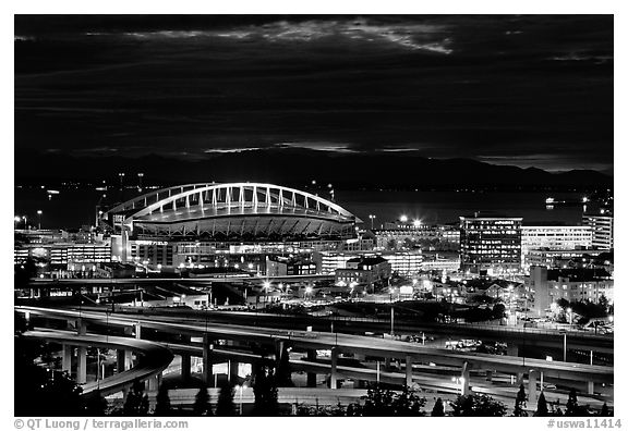 Qwest Field stadium and freeways at night. Seattle, Washington (black and white)