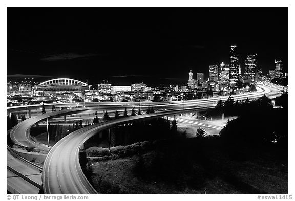 Freeway, stadium, and skyline at night. Seattle, Washington (black and white)