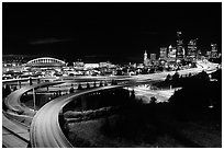 Freeway, stadium, and skyline at night. Seattle, Washington (black and white)