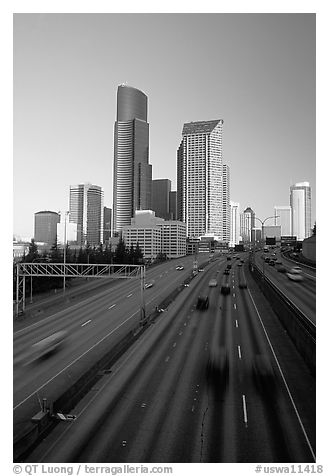 Freeway and downtown skyline, early morning. Seattle, Washington (black and white)