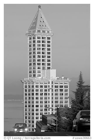 Smith Tower and cars on steep street, early morning. Seattle, Washington (black and white)