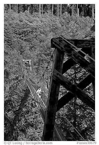 Suspension bridge over Lava Canyon. Mount St Helens National Volcanic Monument, Washington (black and white)