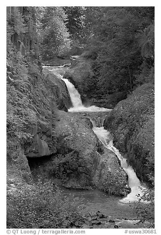 Muddy River cascades in Lava Canyon. Mount St Helens National Volcanic Monument, Washington (black and white)