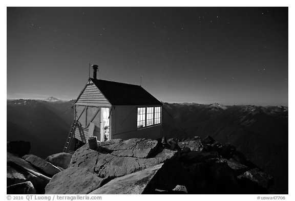 Fire lookout on Hidden Lake Peak by night. Washington (black and white)