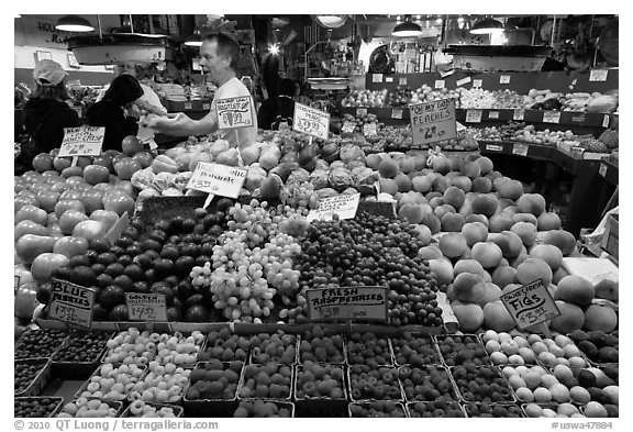 Fruit vending, Pike Place Market. Seattle, Washington (black and white)