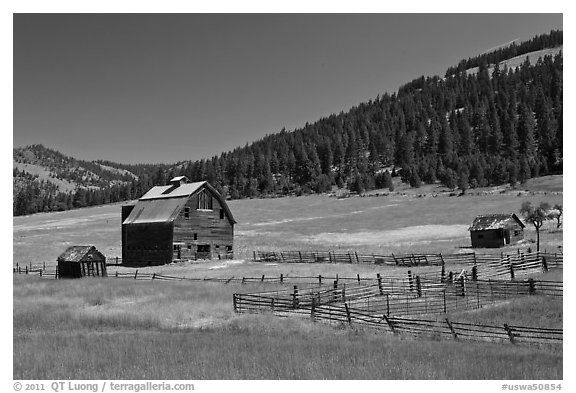 Barn and pasture in mountains. Washington