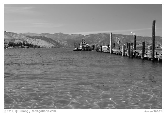 Pier and Lake Chelan, Chelan. Washington (black and white)