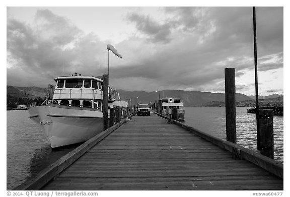Deck with Lady of the Lake II ferry, Chelan. Washington (black and white)