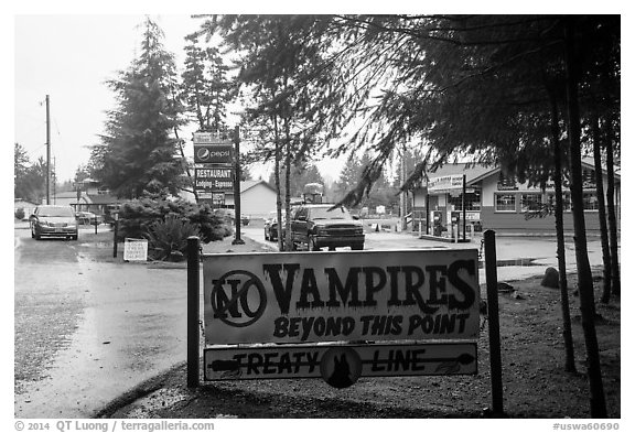 No Vampires sign near Forks. Olympic Peninsula, Washington (black and white)